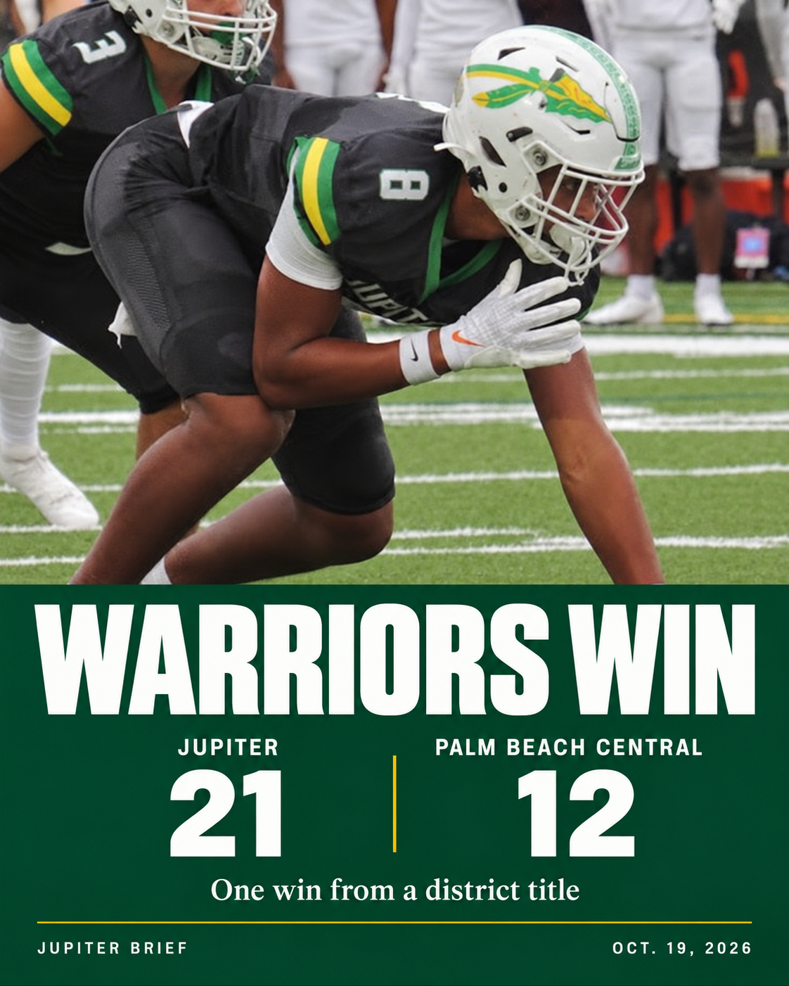 Warriors beat Palm Beach Central 21–12, move one win from district title