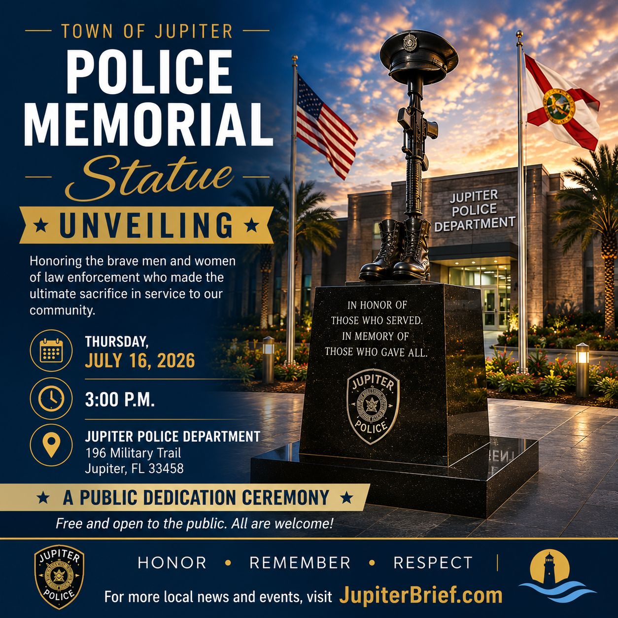 Jupiter Police Department Memorial Statue to Be Unveiled July 16