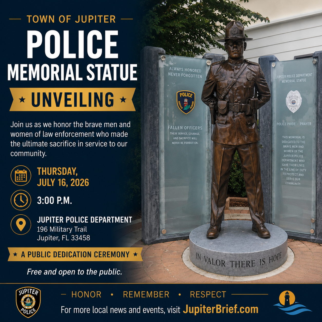 Jupiter Police Department Memorial Statue to Be Unveiled July 16